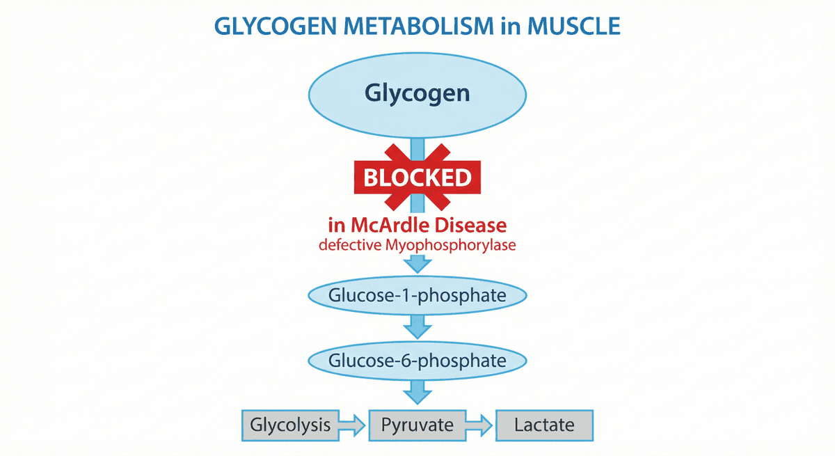 McArdle Disease - Glycogen metabolism pathway showing blocked myophosphorylase